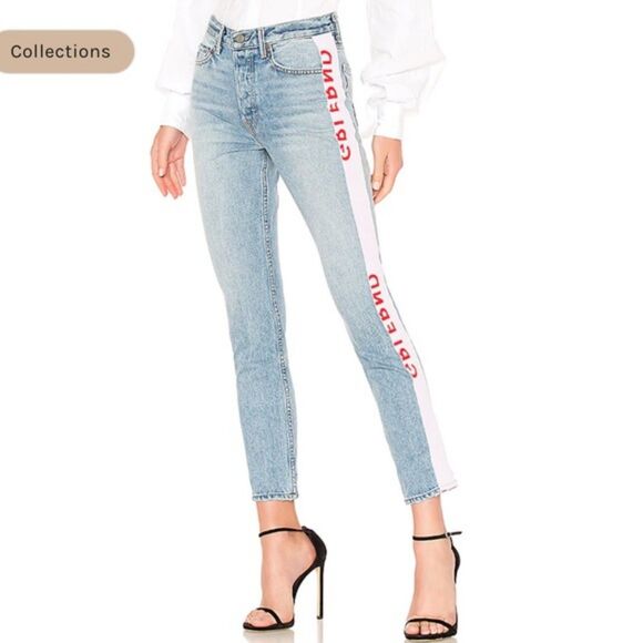 GRLFRND‎ REVOLVE Jeans 27 Karolina Skinny Ticker Tape Spellout Button Fly Y2K - Picture 1 of 15